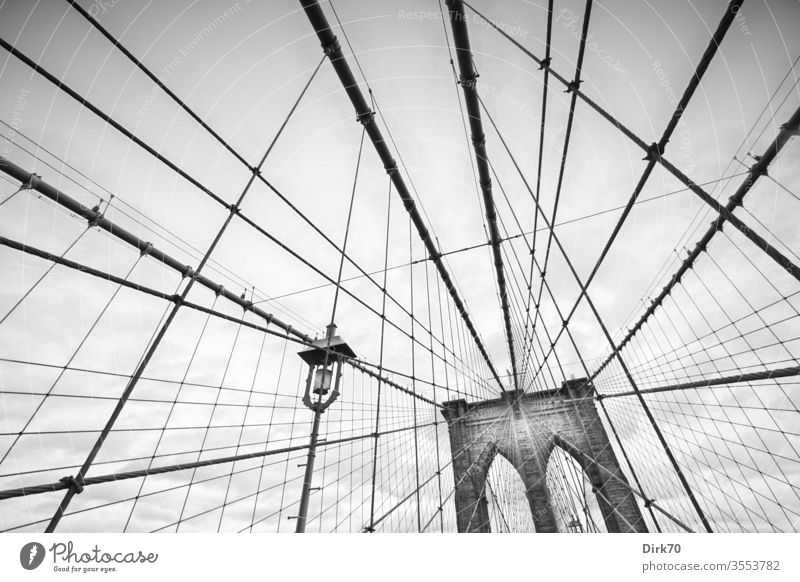 Brooklyn Bridge, black and white bridge Suspension bridge ropes New York City Exterior shot Town USA Tourist Attraction Manhattan Landmark Architecture