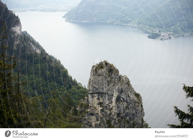 Alpensee View over Hoisen to Traunkirchen am Traunsee in Upper Austria Alps alpine lake Salzkammergut Salzkammergut lakes Traunstein Lake Traunsee shore