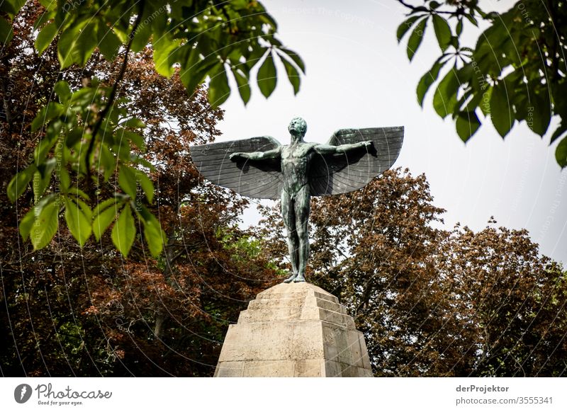Otto Lilienthal Monument in Berlin Upward Forward Front view Full-length Upper body portrait Deep depth of field Contrast Shadow Light Day Neutral Background