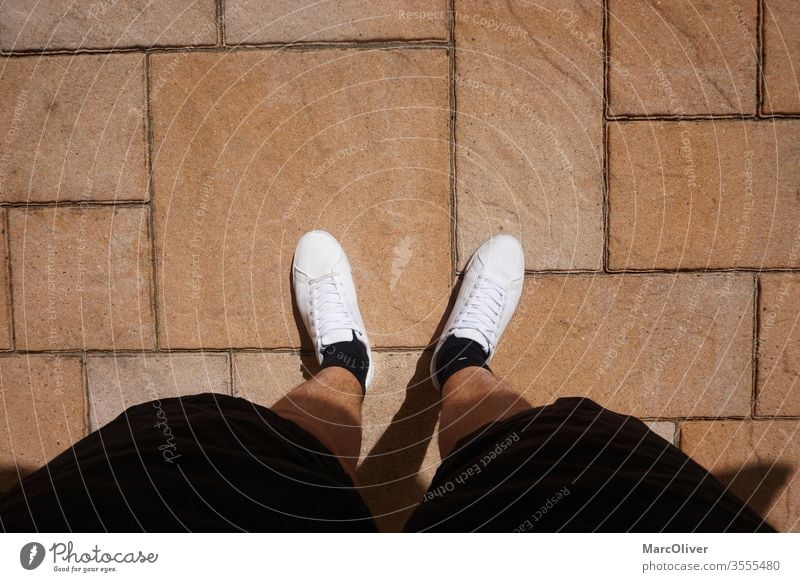 In summer feeling with white sneakers and short pants Summer Summer feeling White white shoes Sneakers summer shoes Footwear Terrace masculine male legs Sun