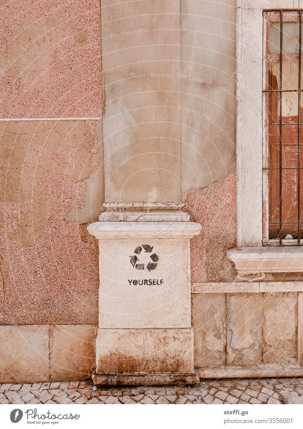 Graffiti on a house wall "recycle yourself" Art Facade Wall (building) Wall (barrier) Colour photo Exterior shot Deserted Day Town Street art Characters Sign