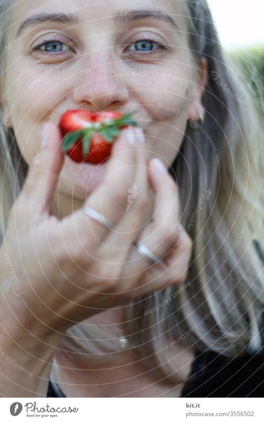 Literally I am so wild for your strawberry mouth Woman Young woman Eating Adults Strawberry Red To enjoy Mouth 18 - 30 years fruit portrait already