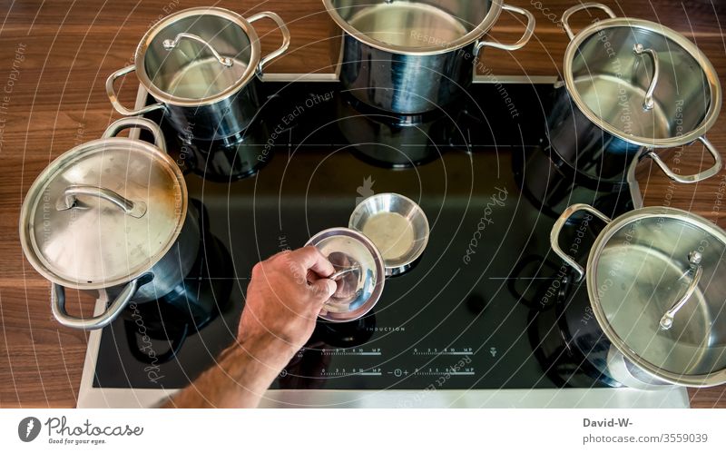 Every pot finds its lid | literally any Pot Figure of speech Proverb visualization Creativity Funny boil cake pots saucepan Cooking Stove Househusband Arrange