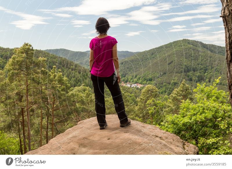 Rear view of a woman standing on a rock and admiring the beautiful view of the Palatinate Forest Woman Vantage point Palatinate forest Summer vacation Trip