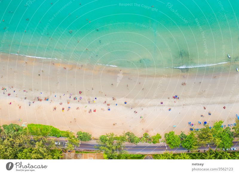 Kata  beach, Paradise beach with golden sand, crystal water and palm trees, Patong area on Phuket Island, Tropical travel destination, Thailand. Aerial Green