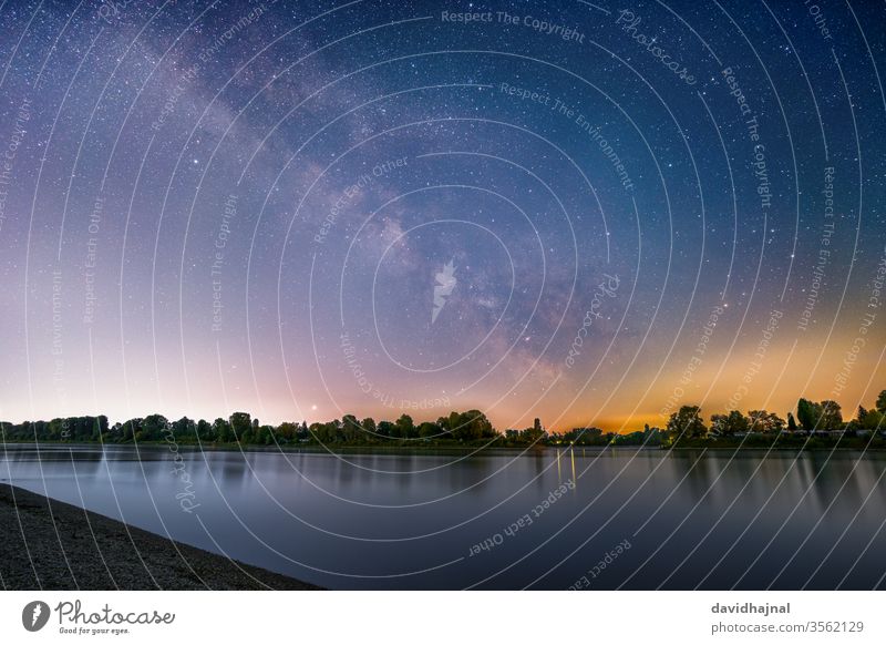 The galactic center photographed from the Rhine bank near Mannheim. River Water Lido Camping Blue Landmark Stone Universe Room Beach Night Sky Stars Milky way