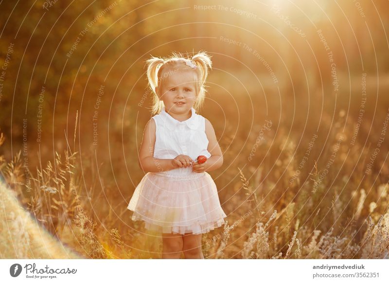 little girl with two tails. nice little baby in a pink skirt. The girl walks in the park at sunset child portrait spring summer serious cute sad kid beautiful
