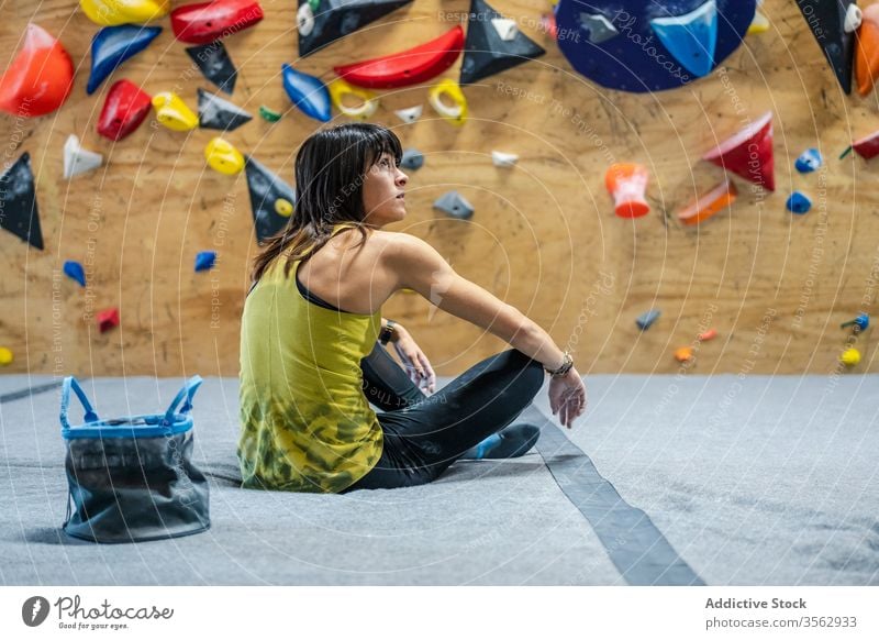 Woman in Climbing Outfit Training at Bouldering Gym Stock Image