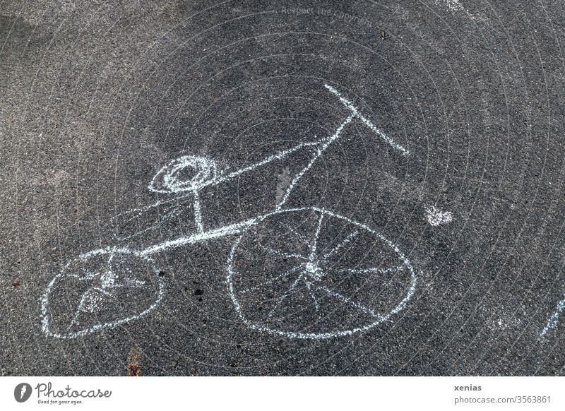 Bicycle was painted with chalk on the asphalt, including back damage when used Wheel Drawing Chalk drawing Street Asphalt Black White Warped Children's drawing