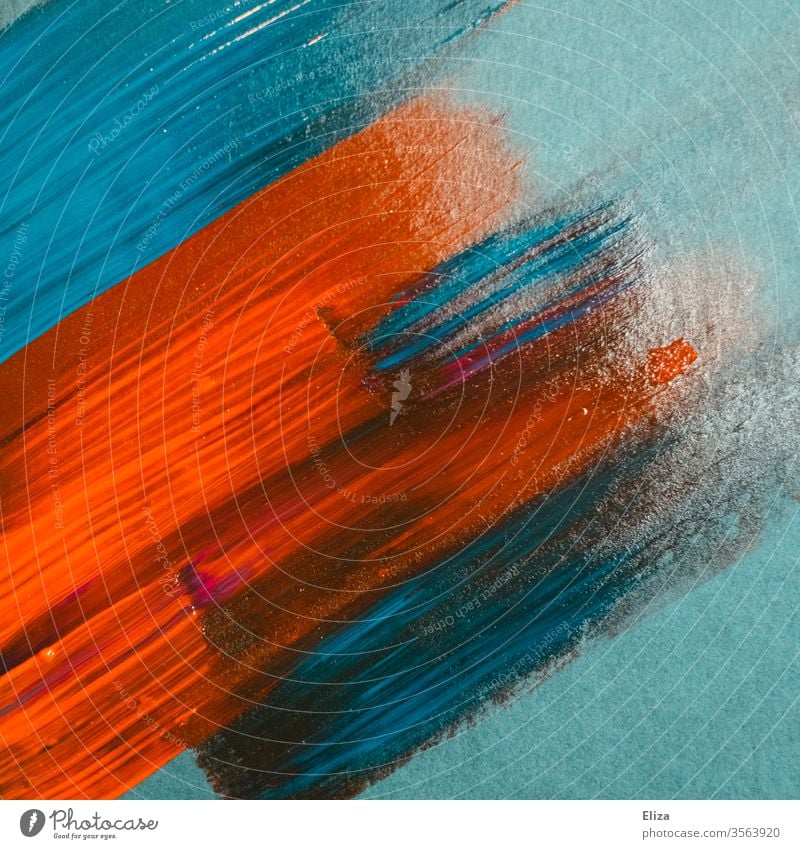 Red and blue brush strokes with acrylic paint on blue background. Painting.  Abstract. - a Royalty Free Stock Photo from Photocase