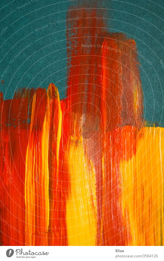 Yellow and red brush strokes of acrylic paint on blue background flat graphically Brush strokes Colour Blue Fire Abstract warm Orange Mixed Acrylic paint
