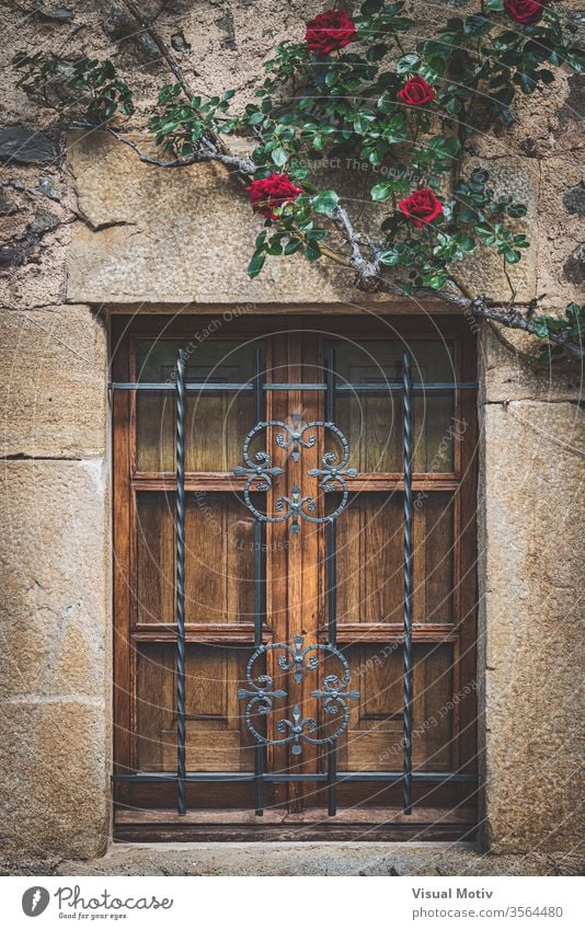 Facade of a mediterranean traditional house with a wooden latticed window and red climbing roses color architecture architectural architectonic botanic