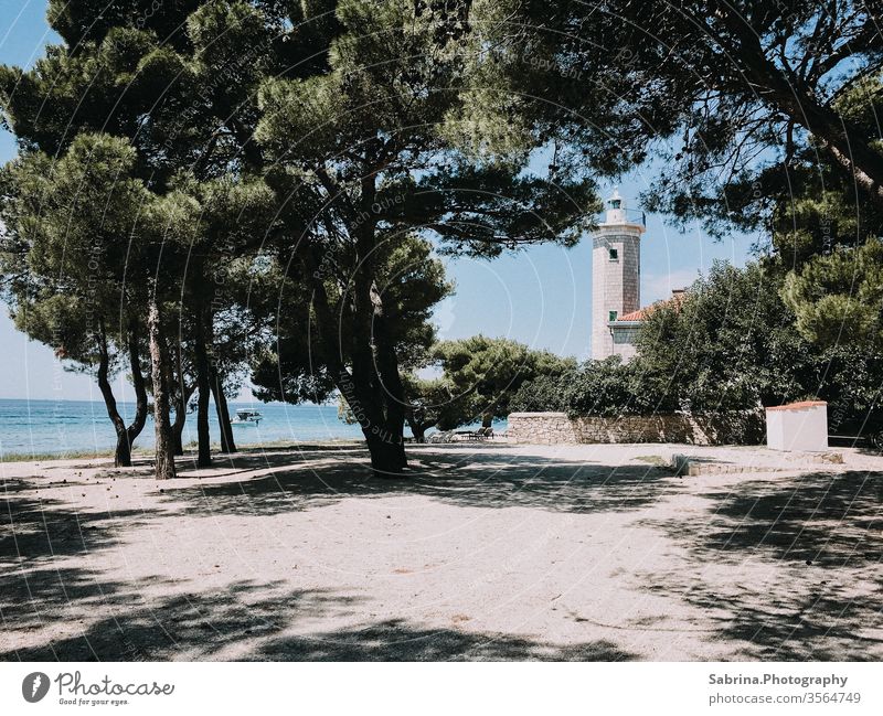 Disused lighthouse, which is now a hotel, on a beach on the island of Vìr, Croatia Lighthouse Hotel Island Beach Stone pine Europe Ocean Coast Vacation & Travel