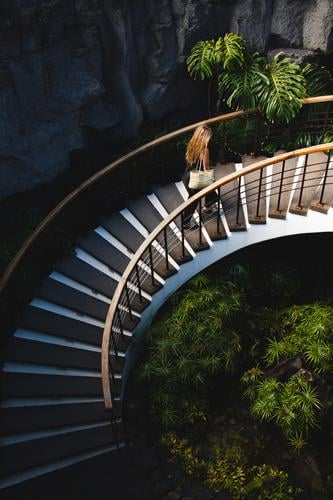 Young woman climbing beautiful stairs with vegetation Stairs up Stone sandstone wall Minimalistic Structures and shapes Pattern Detail Design lines Colour photo