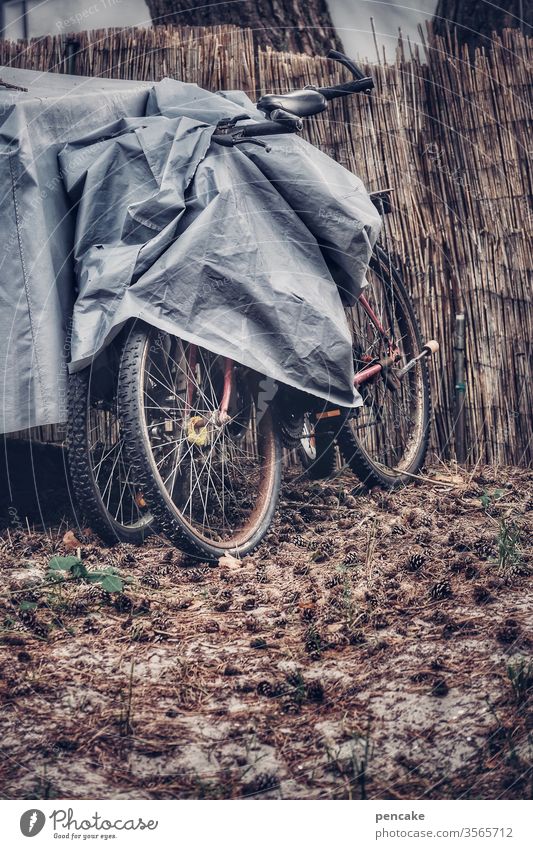 trapped in plastic | safekeeping Bicycle Covers (Construction) tarpaulin out Winter thatched fence Gray Dreary turned off Protection wintering grounds