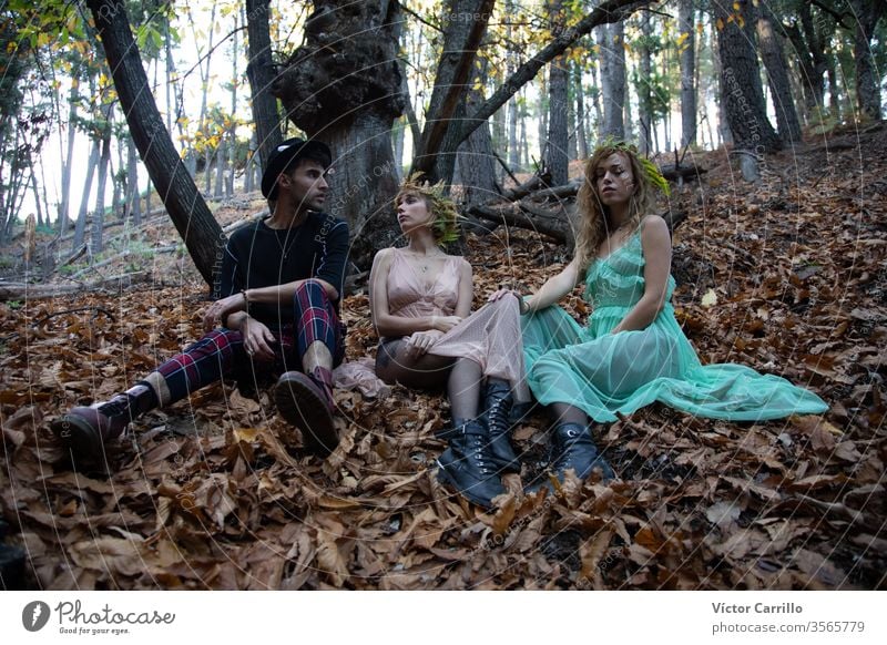 Three young bohemian friends in a forest - a Royalty Free Stock