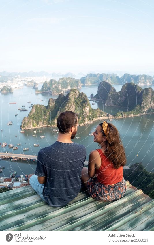 Traveling couple admiring breathtaking landscape of bay in summer admire viewpoint halong bay love travel observe tourist ha long bay vietnam asia enjoy holiday