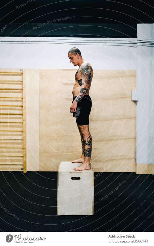 Strong sportsman standing on wooden box in gym athlete tattoo muscular male naked torso brutal workout training center modern contemporary exercise practice fit
