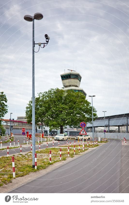 TXL Tower Berlin Far-off places Trajectory Airport Airfield spring Sky Horizon Deserted taxiway Skyline Summer Tegel Copy Space hazy wide Clouds Parking lot