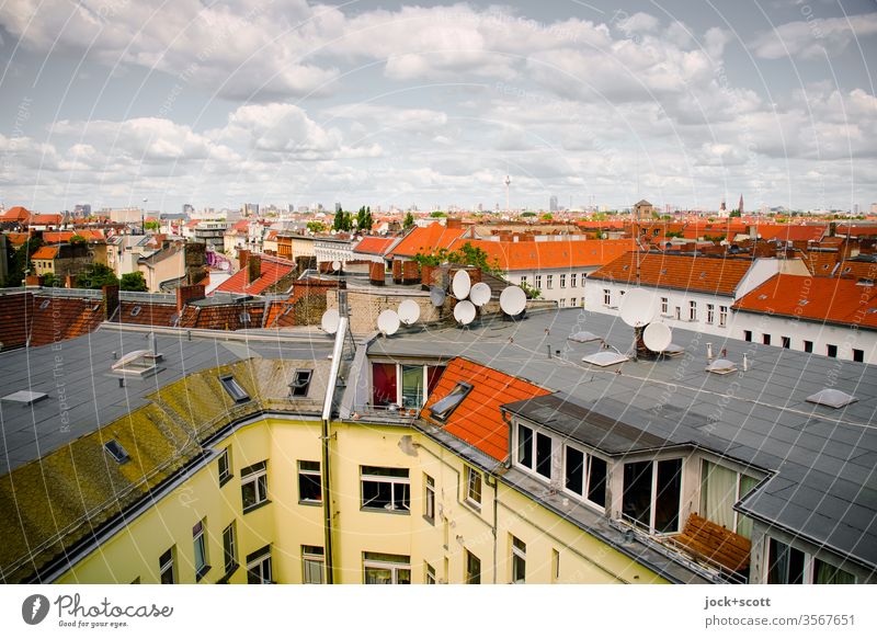 Meeting on the same frequency above the roofs of the big city Compass point Quarter Panorama (View) Satellite dish Beautiful weather Neukölln Parabolic antennas