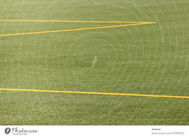 Partial view of a green football turf with yellow lines Lawn Line Yellow demarcation Playing field Geometry division Football pitch Sporting grounds Ball sports