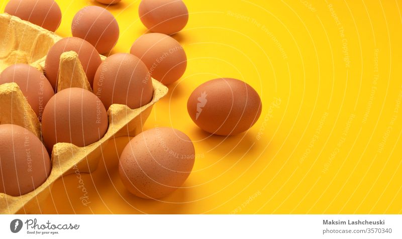 Brown chicken eggs in cardboard box on yellow background brown banner fresh farm copy space text organic food easter ingredient nature protein breakfast raw