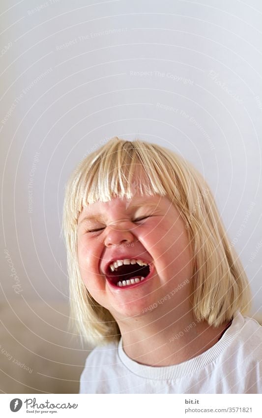 Laugh bomb explodes Child Toddler girl Laughter Laughing fit Funny Happiness Joy portrait luck Cute Infancy Blonde wittily fun Funster Comical laughing fit