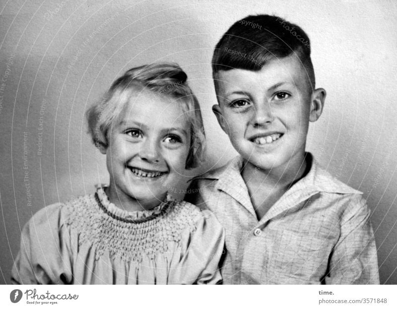 Children of the economic miracle then Former Historic Boy (child) Short-haired Shirt Dress Laughter girl Brothers and sisters posing at the same time in common