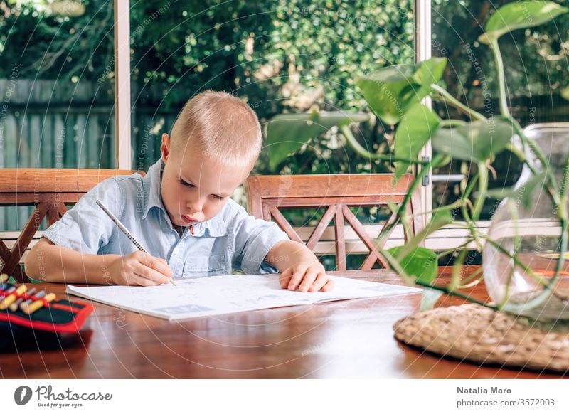 Little Child drawing in a textbook at home, a boy holding pen and writing. Blurred monstera plant in the foreground. table education write student