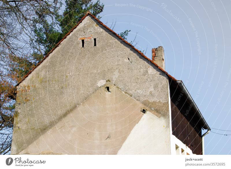 Signs of the times Architecture Vanished Sharp-edged Facade Structures and shapes Ravages of time Transience Contour Change Barn Authentic rural pediment