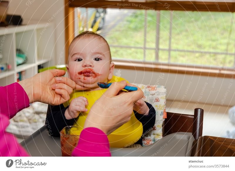 Adorable little baby boy in feeding chair being spoon fed by his mother cute european infant 6 months caucasian educational development adorable expression