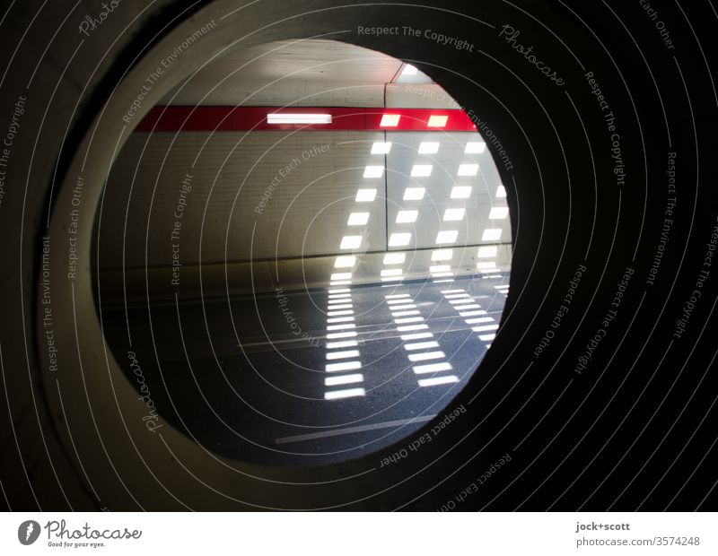 Light play in tunnel vision Circle Concrete wall Strip of light Architecture Street Illuminate Shadow Modern Symmetry Light (Natural Phenomenon) Style