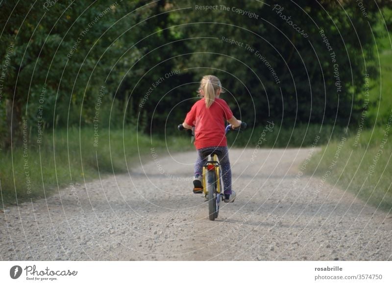 vital | childhood adventure - little girl is alone on her bike Bicycle by oneself Adventure Trip In transit Child Driving Nature off Gravel path rural out