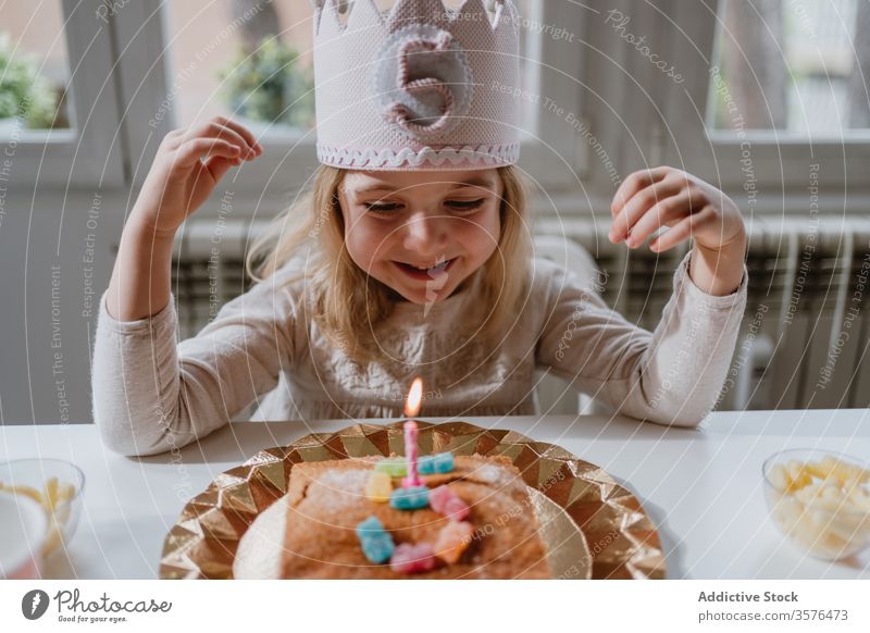 Little girl blowing candle on birthday cake during party at home wish happy celebrate joy charming crown felt decorative sibling sweet event fun little holiday