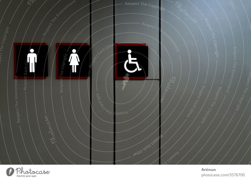 Public toilet sign. Woman, men,and disabled person toilet icon. Public restroom universal icon. Urinary incontinence problem. Male, female and disabled access symbol. Latrine or WC. Washroom sign.