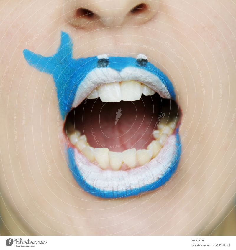 Save the whales Human being Masculine Feminine Face Mouth Lips Teeth 1 Nature Animal Animal face Blue Emotions Fish Whale Animal protection Rescue Painted
