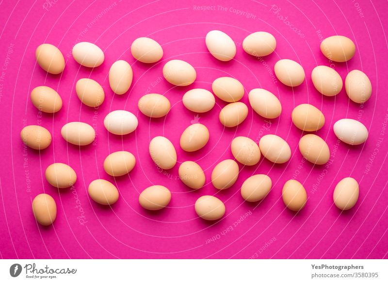 Organic eggs on a pink background, top view above view abundance agriculture breakable chicken eggs cut out diversity eggshell farm farmers market flat lay food