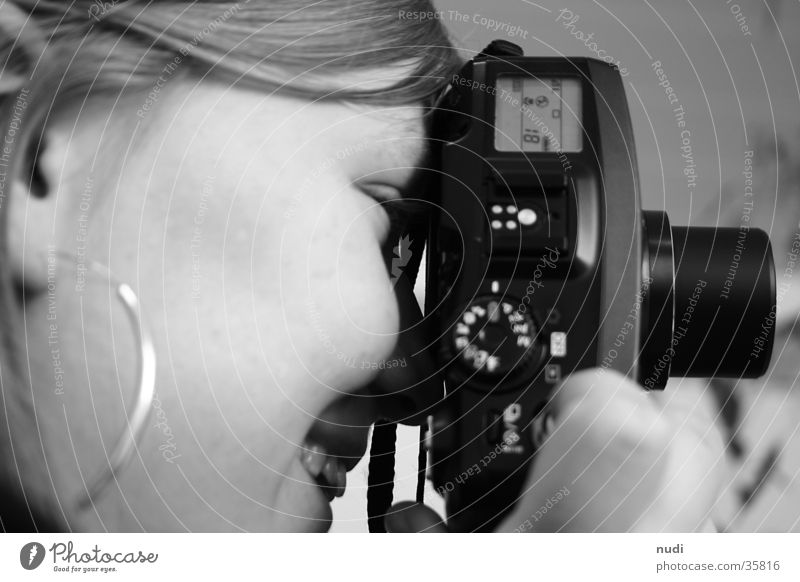 The smile behind the camera Woman Camera Silhouette Black White Cheek Face Side Profile Laughter