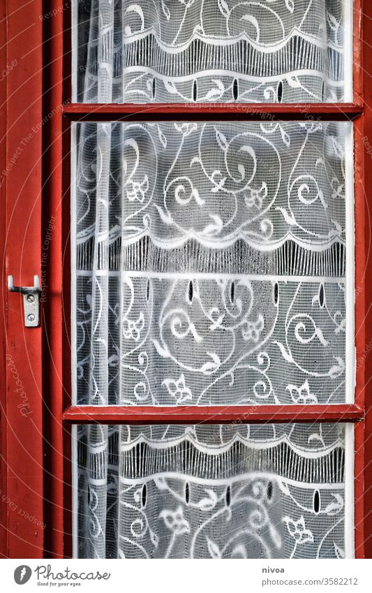 red window with curtain Window Red Glass Curtain Point Deserted White Colour photo Drape House (Residential Structure) Decoration Living or residing Day Old