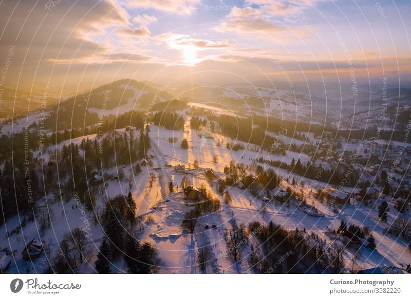 Winter scenery in Silesian Beskids mountains. View from above. Landscape photo captured with drone. Poland, Europe. winter sky landscape travel beskids clouds
