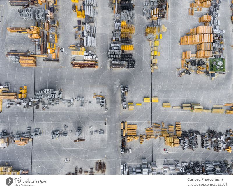 Industrial storage place, view from above. big bird box building cargo column commercial copter delivery depot distribution drone electric export eye facility