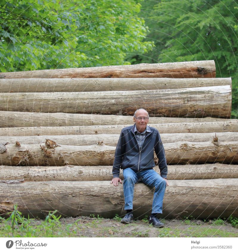 Break - Senior sits on felled tree trunks in the forest | Favourite person Human being Man Senior citizen Sit Forest Relaxation Male senior Exterior shot