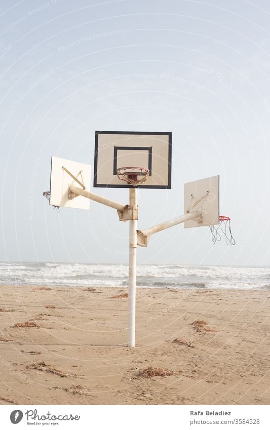 Basketball court in the middle of the beach Nature Sand Beach Minimalism Ocean Water Sun Sport