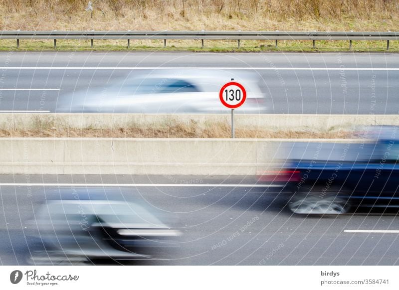 Speed 130 on German motorways, general speed limit, speed limit sign 130 on motorways, moving traffic 130 km/h tempolimit Speed limit Highway Transport cars Car