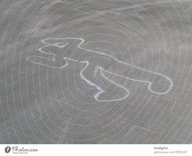 Chalk outline drawing for forensics at a crime scene Silhouette Contour Crime scene Murder Chalk drawing Death Criminality Corpse Human being Sacrifice Street