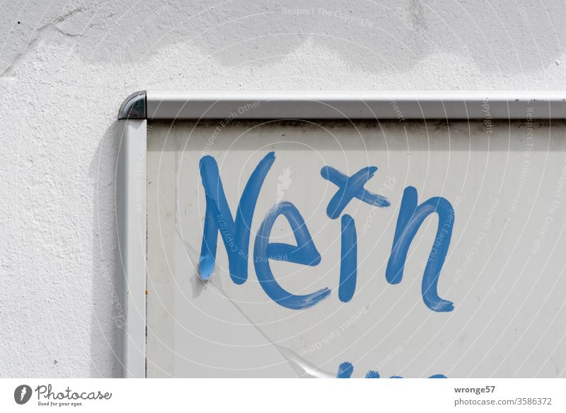 The word No written with a blue pencil on a grey board Word Blackboard no blackboard negate Letters (alphabet) Characters Colour photo Deserted Exterior shot