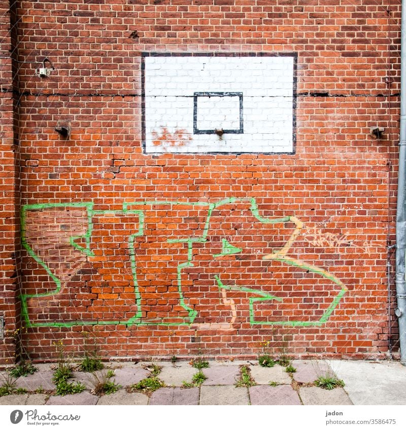 ghost play. Wall (building) Basketball Red Ball sports White Basketball basket Deserted Colour photo Sports Playing Leisure and hobbies Graffiti brick Frame