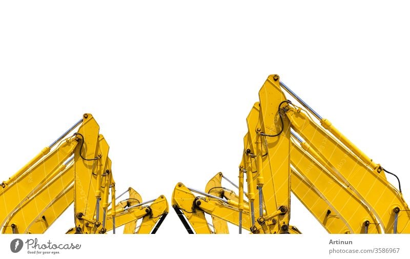Yellow backhoe with hydraulic piston arm isolated on white. Heavy machine for excavation in construction site. Hydraulic machinery. Huge bulldozer. Heavy machine industry. Mechanical engineering.