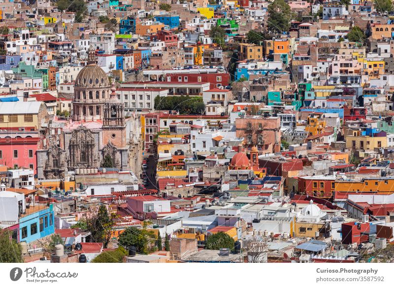 Guanajuato City historic center. Colorful homes built on hillside. Guanajuato State, Mexico. guanajuato mexico city unesco america architecture art building