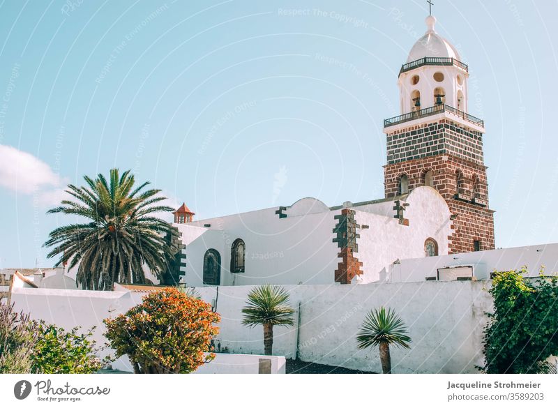 Iglesia de Nuestra Señora de Guadalupe, Teguise, Lanzarote, Spain Canary Islands Canaries Spanish islands Old town Church Church spire Whitewashed volcanic rock